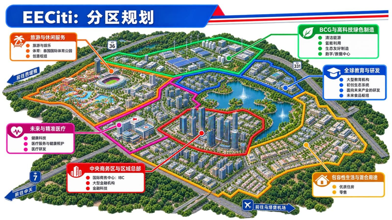 EECiti 分区规划：未来与精准医疗、中央商务区与区域总部、全球教育与研发、数字与数据中心